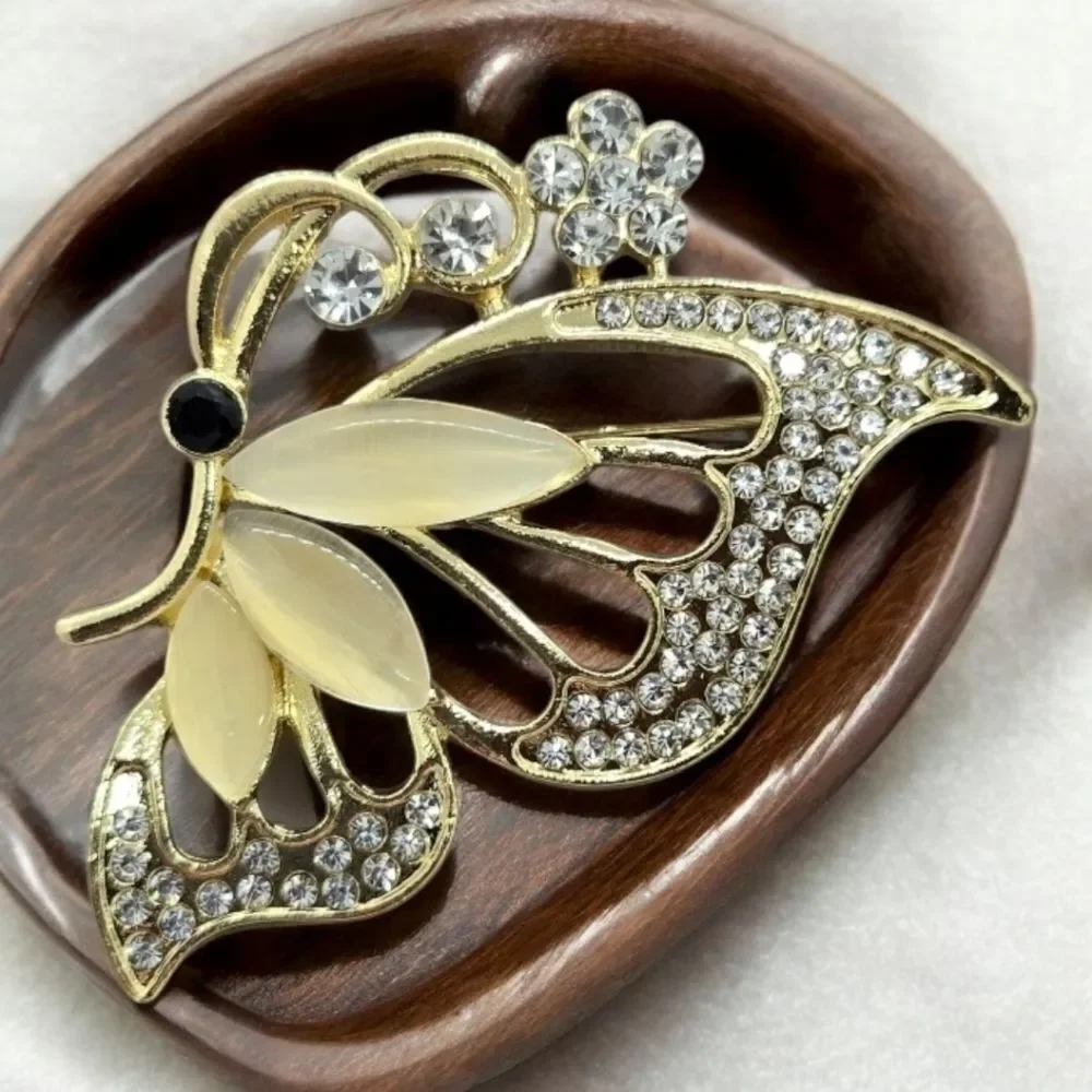 Elegant Gold Butterfly Rhinestone Brooch Pin Large Statement Lapel Accessory